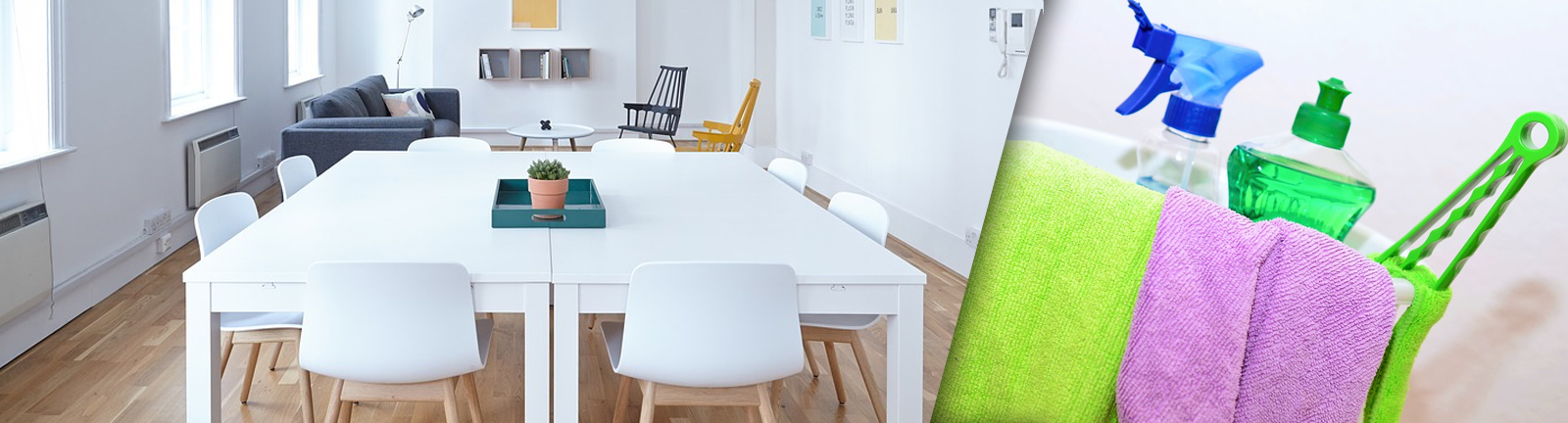 Clean office space with white furniture and cleaning supplies, showcasing janitorial services.